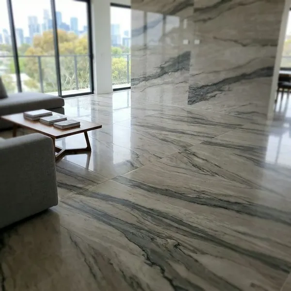 Large format porcelain slab installed in a Rosedale home